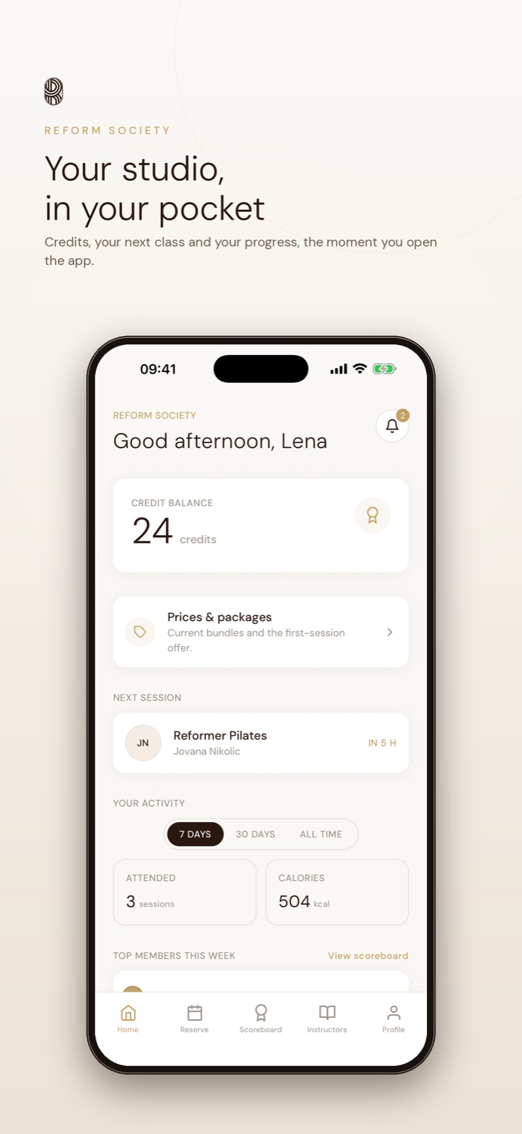 Reform Society app — home dashboard with credits and next class