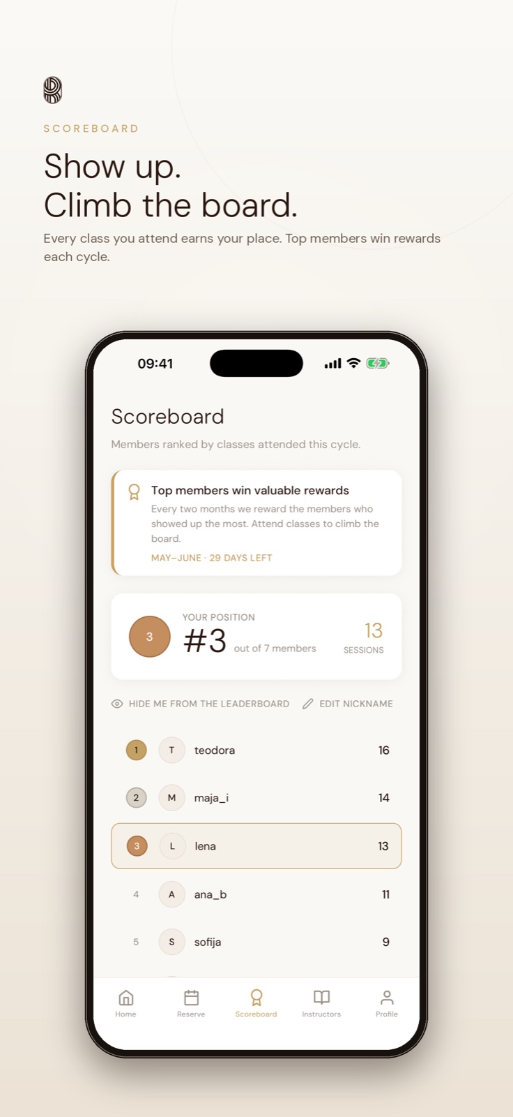 Reform Society app — member scoreboard